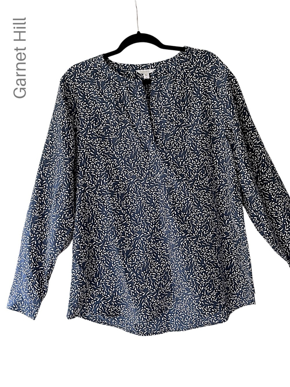 GARNET HILL NWOT PURE SILK BLUE & WHITE LONG SLEEVE TOP BLOUSE SPLIT NECK | 14